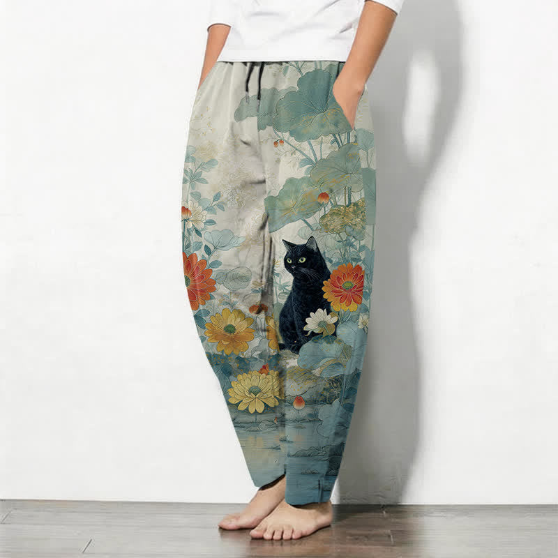 Buddha Stones Pantaloni da uomo affusolati in puro cotone con motivo floreale e gatto nero orientale, con coulisse e tasche. - image 12