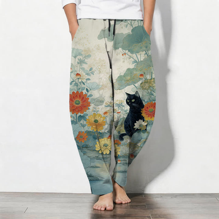 Buddha Stones Pantaloni da uomo affusolati in puro cotone con motivo floreale e gatto nero orientale, con coulisse e tasche. - Turchese pallido - US/UK/AU50, EU60 (5XL) - image 11