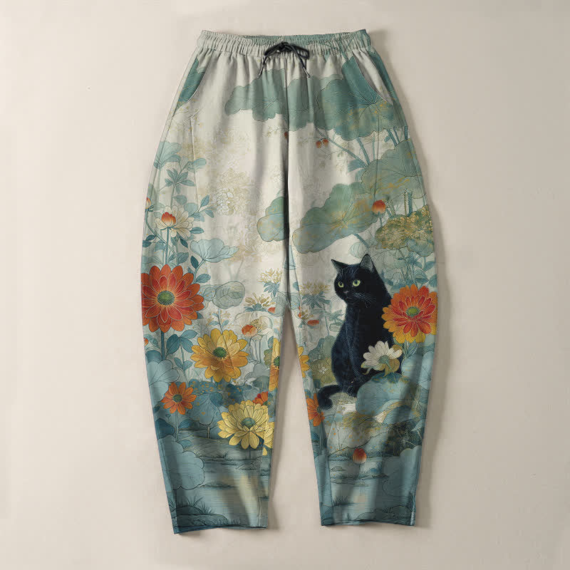 Buddha Stones Pantaloni da uomo affusolati in puro cotone con motivo floreale e gatto nero orientale, con coulisse e tasche. - image 13