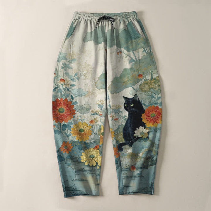 Buddha Stones Pantaloni da uomo affusolati in puro cotone con motivo floreale e gatto nero orientale, con coulisse e tasche. - image 13