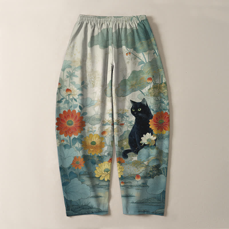 Buddha Stones Pantaloni da uomo affusolati in puro cotone con motivo floreale e gatto nero orientale, con coulisse e tasche. - image 14