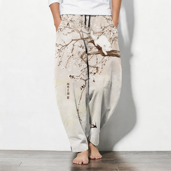 Buddha Stones Pantaloni da uomo affusolati con coulisse e tasche, in puro cotone, con stampa di gatto color prugna e inchiostro. - Seta di mais - US/UK/AU50, EU60 (5XL) - image 7