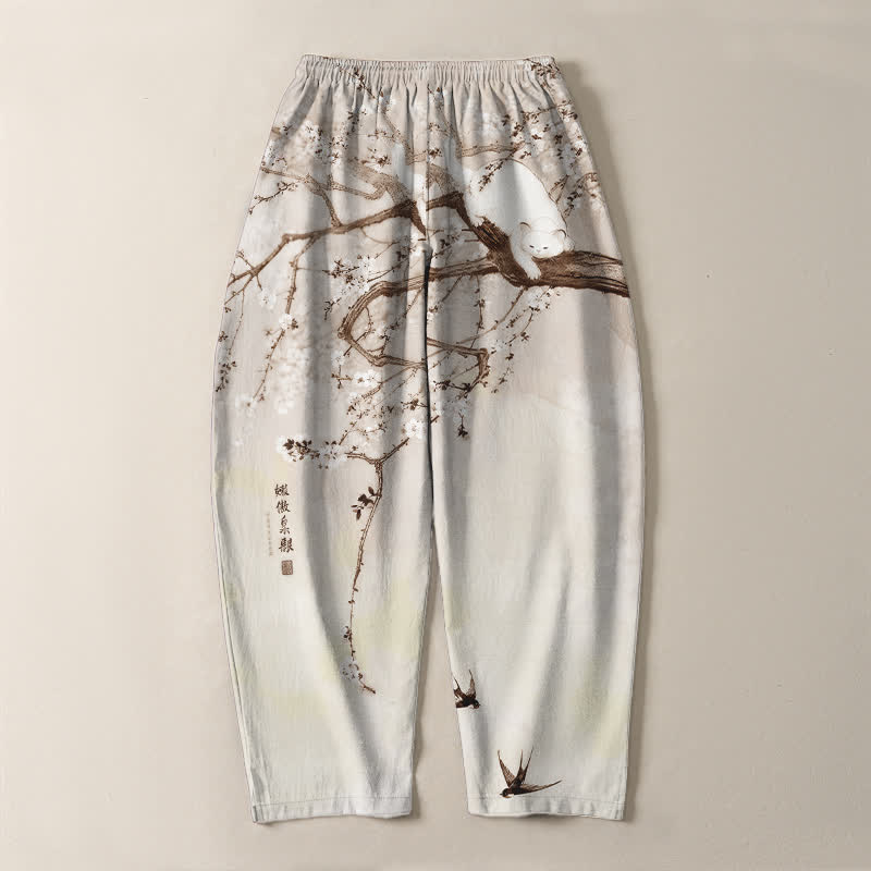 Buddha Stones Pantaloni da uomo affusolati con coulisse e tasche, in puro cotone, con stampa di gatto color prugna e inchiostro. - image 10