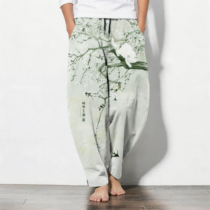 Buddha Stones Pantaloni da uomo affusolati con coulisse e tasche, in puro cotone, con stampa di gatto color prugna e inchiostro. - Melata - US/UK/AU50, EU60 (5XL) - image 11