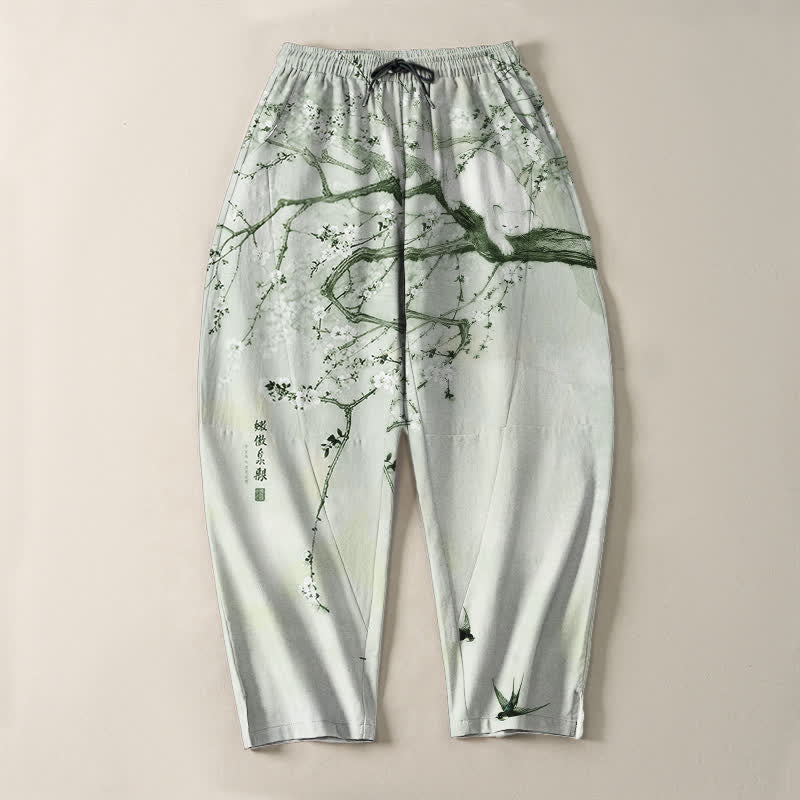 Buddha Stones Pantaloni da uomo affusolati con coulisse e tasche, in puro cotone, con stampa di gatto color prugna e inchiostro. - image 13