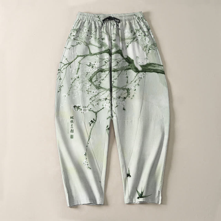Buddha Stones Pantaloni da uomo affusolati con coulisse e tasche, in puro cotone, con stampa di gatto color prugna e inchiostro. - image 13