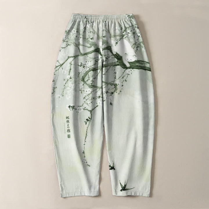Buddha Stones Pantaloni da uomo affusolati con coulisse e tasche, in puro cotone, con stampa di gatto color prugna e inchiostro. - image 14
