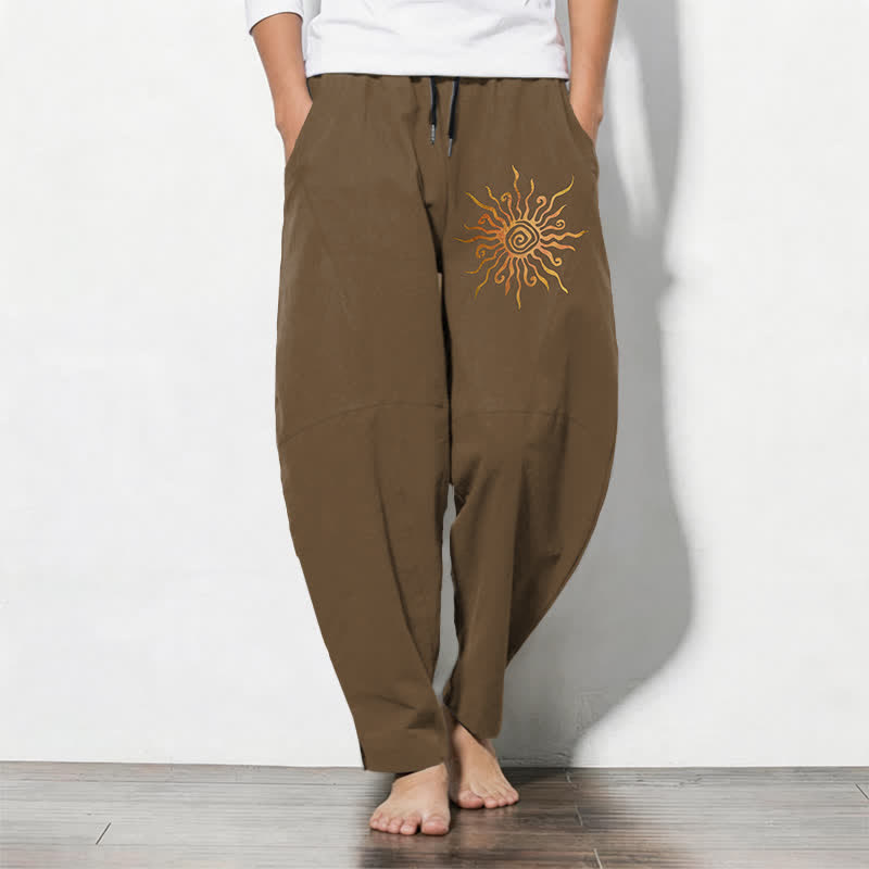 Buddha Stones Pantaloni da uomo affusolati in puro cotone con motivo a spirale "Sole Dorato" e coulisse, con tasche. - Perù - US/UK/AU50, EU60 (5XL) - image 11