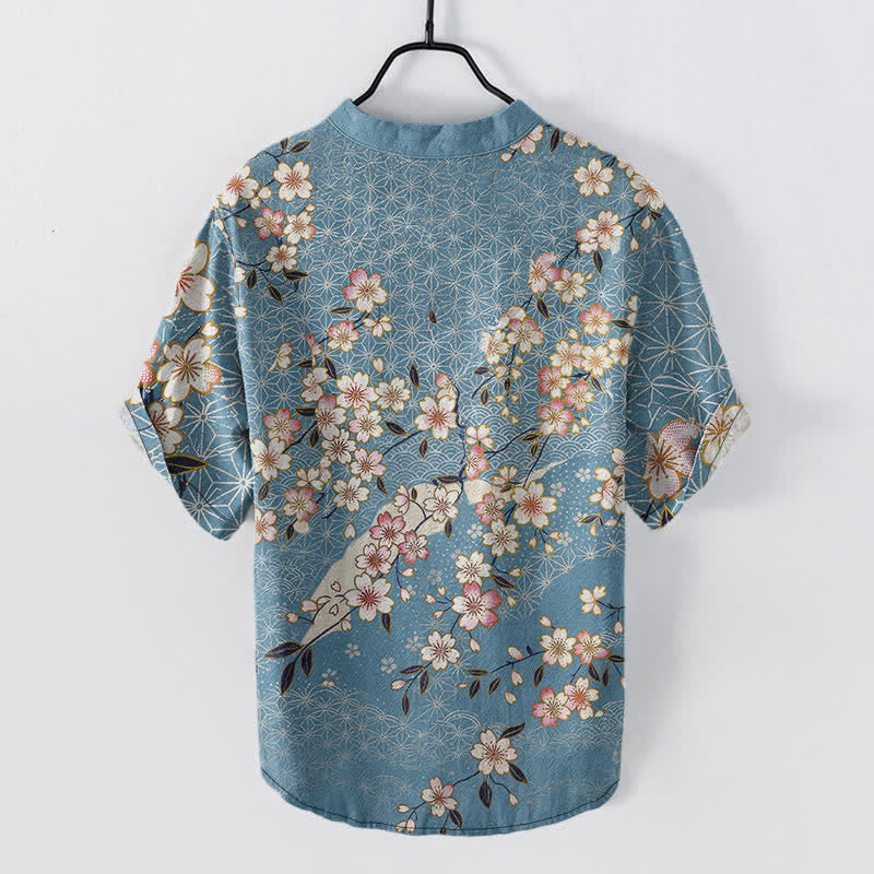 Buddha Stones Camicia da uomo a maniche corte con mezza abbottonatura e motivo geometrico a fiori di ciliegio in cotone. - image 1