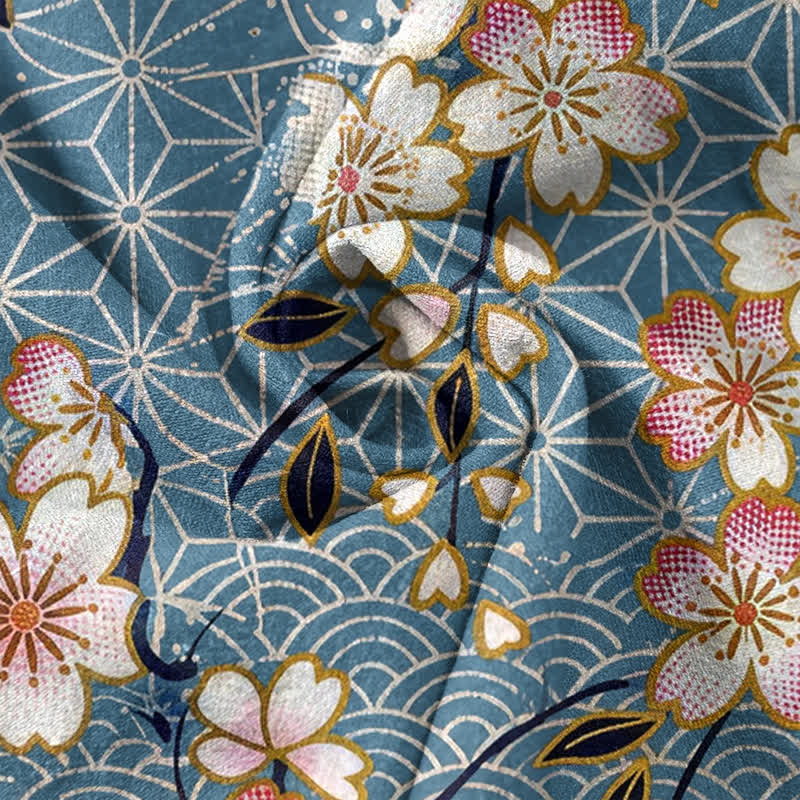 Buddha Stones Camicia da uomo a maniche corte con mezza abbottonatura e motivo geometrico a fiori di ciliegio in cotone. - image 4