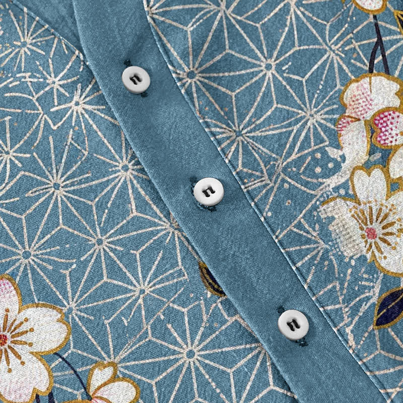 Buddha Stones Camicia da uomo a maniche corte con mezza abbottonatura e motivo geometrico a fiori di ciliegio in cotone. - image 3