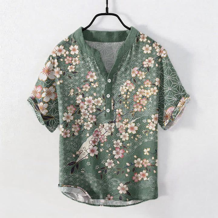 Buddha Stones Camicia da uomo a maniche corte con mezza abbottonatura e motivo geometrico a fiori di ciliegio in cotone. - Verde medio del mare - US/UK/AU50, EU60 (5XL) - image 5