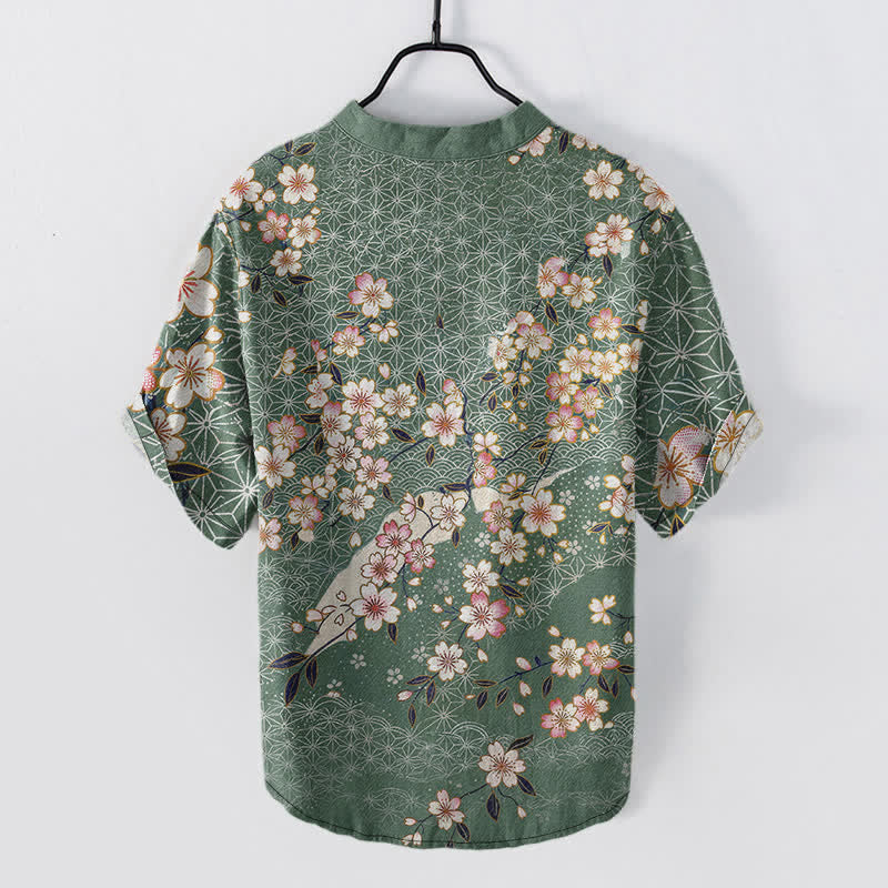 Buddha Stones Camicia da uomo a maniche corte con mezza abbottonatura e motivo geometrico a fiori di ciliegio in cotone. - image 6
