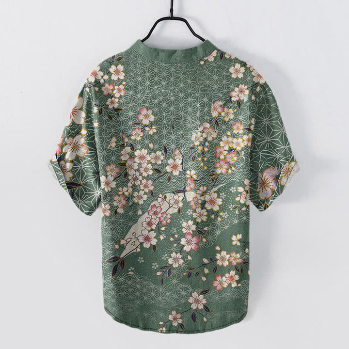 Buddha Stones Camicia da uomo a maniche corte con mezza abbottonatura e motivo geometrico a fiori di ciliegio in cotone. - image 6