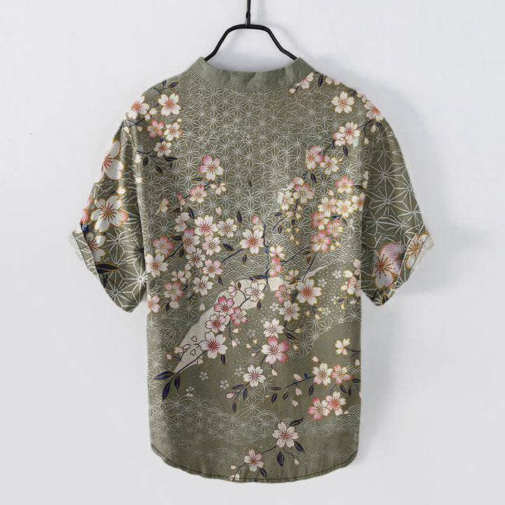 Buddha Stones Camicia da uomo a maniche corte con mezza abbottonatura e motivo geometrico a fiori di ciliegio in cotone. - image 8