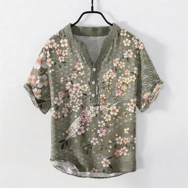 Buddha Stones Camicia da uomo a maniche corte con mezza abbottonatura e motivo geometrico a fiori di ciliegio in cotone. - Verde Mare Scuro - US/UK/AU50, EU60 (5XL) - image 7