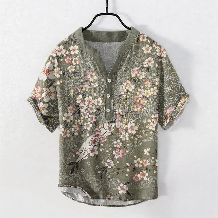 Buddha Stones Camicia da uomo a maniche corte con mezza abbottonatura e motivo geometrico a fiori di ciliegio in cotone. - Verde Mare Scuro - US/UK/AU50, EU60 (5XL) - image 7