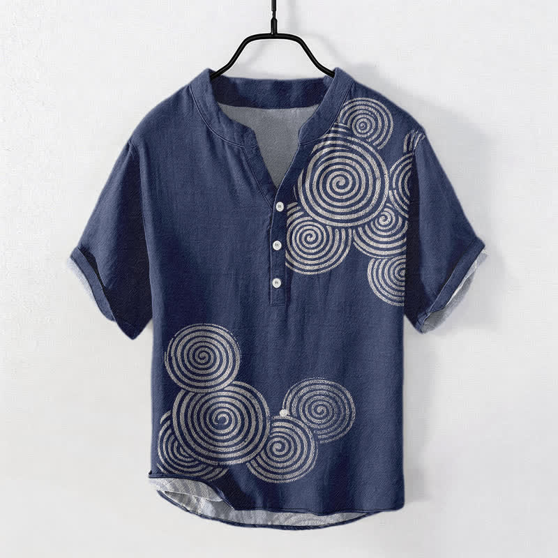 Buddha Stones Camicia da uomo a maniche corte con mezzo bottone e motivo a spirale in cotone. - Marina - US/UK/AU50, EU60 (5XL) - image 0