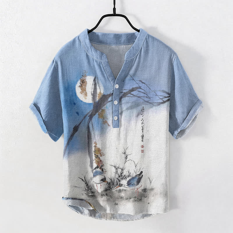 Buddha Stones Camicia da uomo a maniche corte con mezza abbottonatura, stampata su cotone con motivo "Moon Bird" e inchiostro. - Azzurro chiaro - US/UK/AU50, EU60 (5XL) - image 0