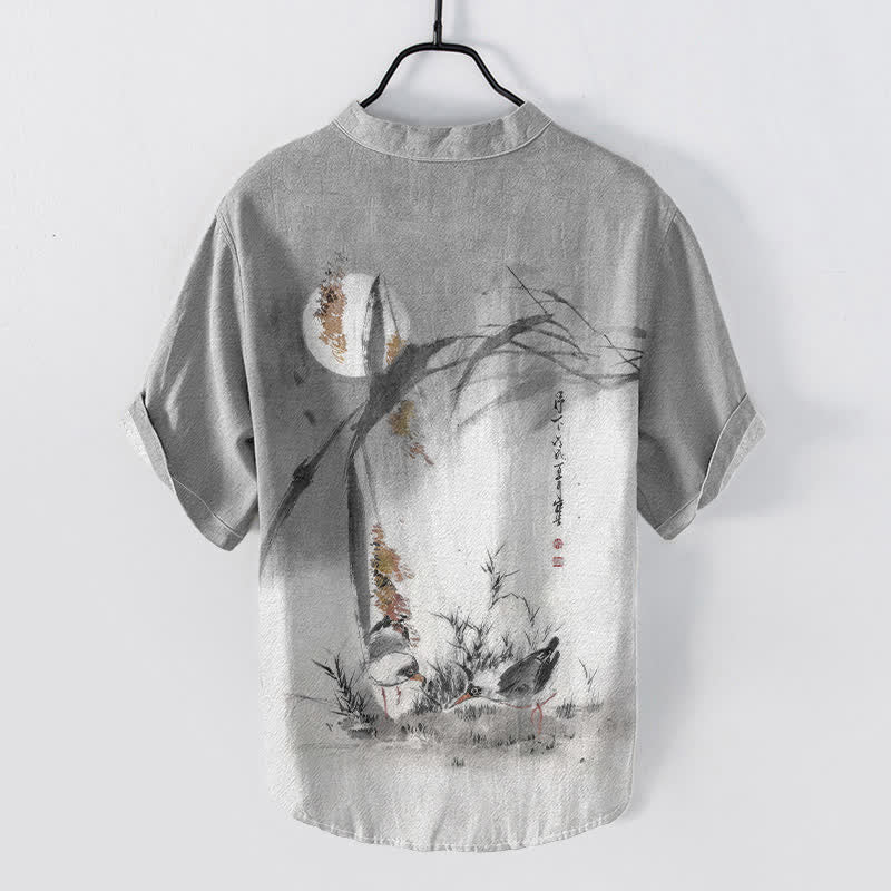 Buddha Stones Camicia da uomo a maniche corte con mezza abbottonatura, stampata su cotone con motivo "Moon Bird" e inchiostro. - image 6