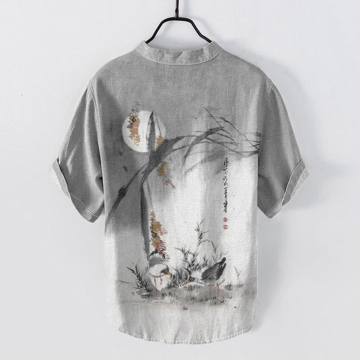 Buddha Stones Camicia da uomo a maniche corte con mezza abbottonatura, stampata su cotone con motivo "Moon Bird" e inchiostro. - image 6