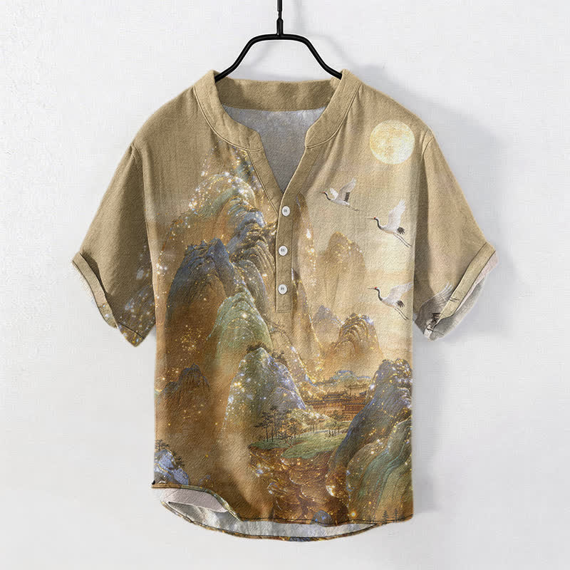 Buddha Stones Camicia da uomo a maniche corte con mezza abbottonatura, in cotone, con motivo gru di montagna e luna. - Cachi scuro - US/UK/AU50, EU60 (5XL) - image 0