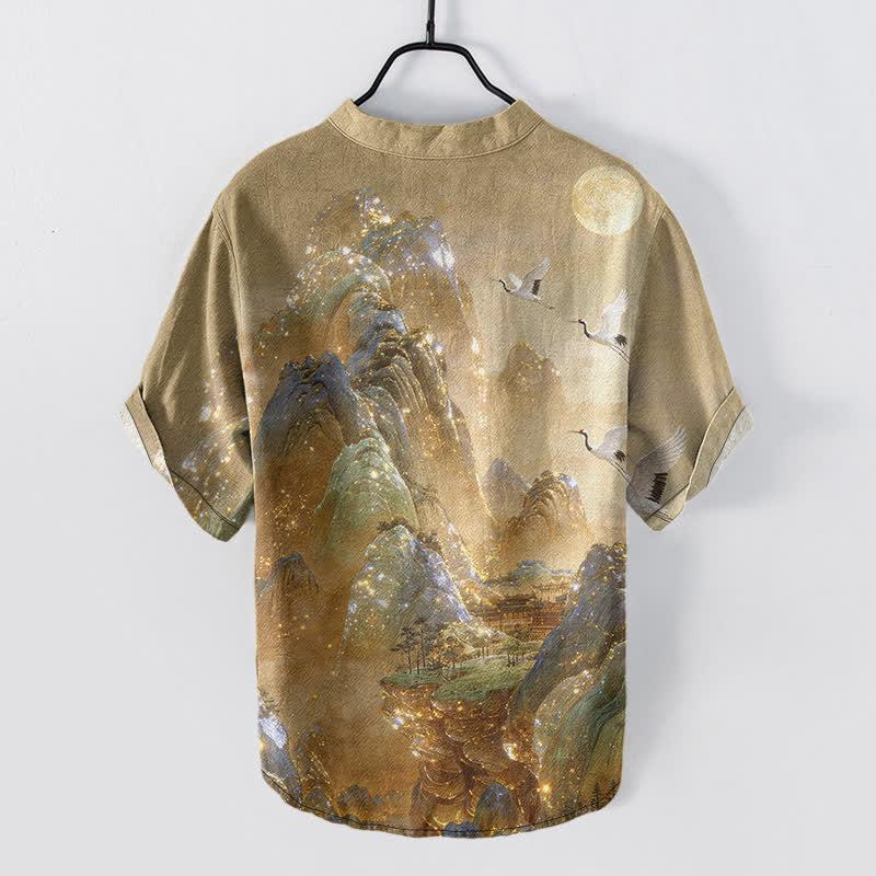 Buddha Stones Camicia da uomo a maniche corte con mezza abbottonatura, in cotone, con motivo gru di montagna e luna. - image 1