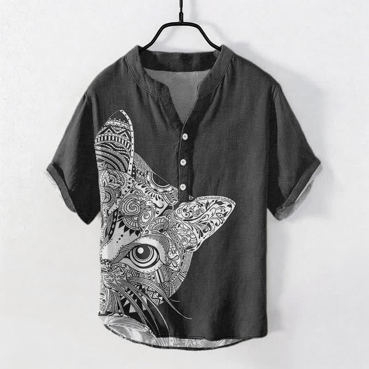 Buddha Stones Camicia da uomo a maniche corte con mezza abbottonatura, in cotone, con motivo tribale a forma di muso di gatto. - Nero - US/UK/AU50, EU60 (5XL) - image 0
