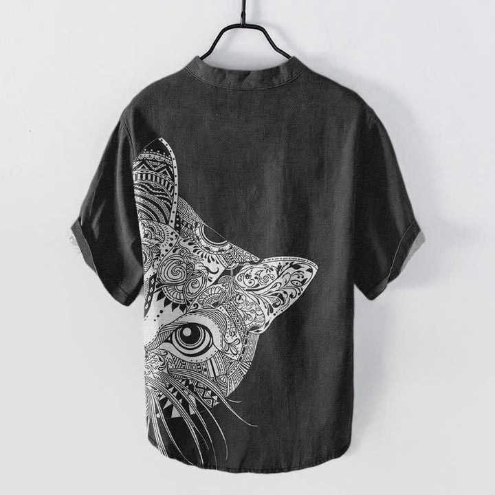 Buddha Stones Camicia da uomo a maniche corte con mezza abbottonatura, in cotone, con motivo tribale a forma di muso di gatto. - image 1