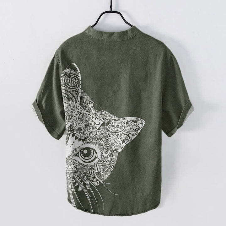 Buddha Stones Camicia da uomo a maniche corte con mezza abbottonatura, in cotone, con motivo tribale a forma di muso di gatto. - image 6
