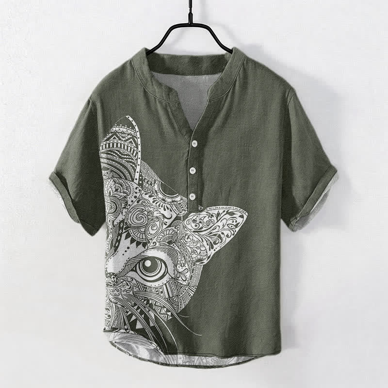 Buddha Stones Camicia da uomo a maniche corte con mezza abbottonatura, in cotone, con motivo tribale a forma di muso di gatto. - Verde oliva scuro - US/UK/AU50, EU60 (5XL) - image 5