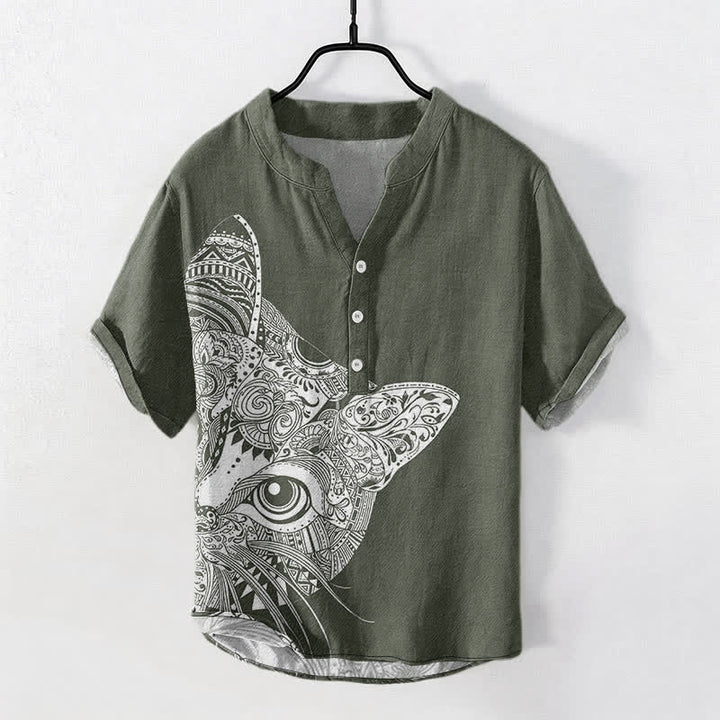 Buddha Stones Camicia da uomo a maniche corte con mezza abbottonatura, in cotone, con motivo tribale a forma di muso di gatto. - Verde oliva scuro - US/UK/AU50, EU60 (5XL) - image 5