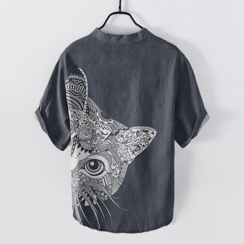 Buddha Stones Camicia da uomo a maniche corte con mezza abbottonatura, in cotone, con motivo tribale a forma di muso di gatto. - image 8