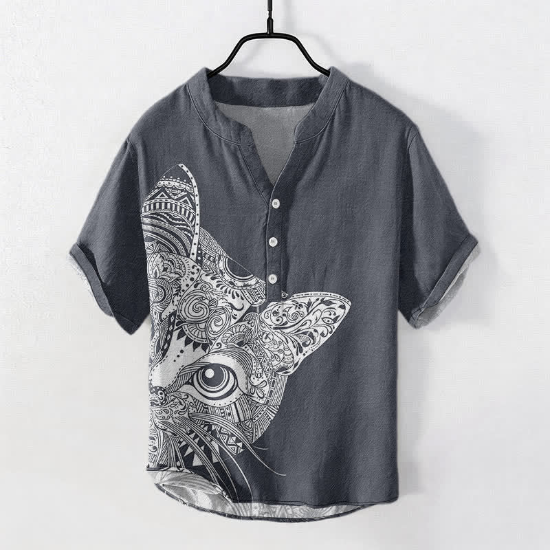 Buddha Stones Camicia da uomo a maniche corte con mezza abbottonatura, in cotone, con motivo tribale a forma di muso di gatto. - Grigio ardesia - US/UK/AU50, EU60 (5XL) - image 7