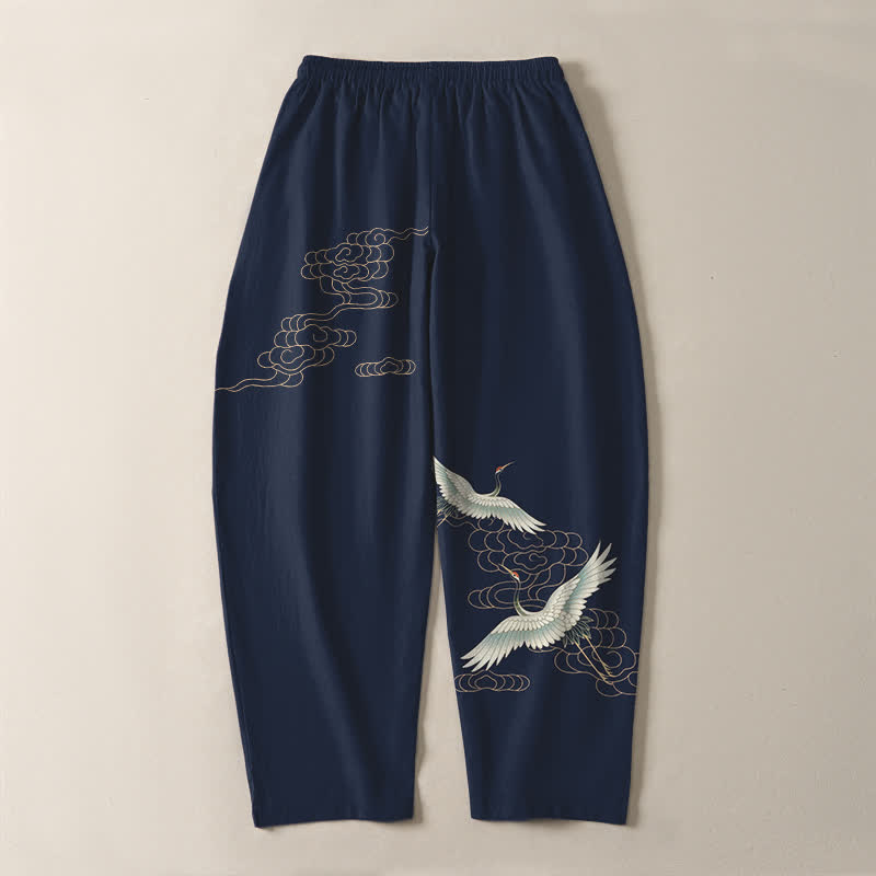 Buddha Stones Pantaloni da uomo affusolati con coulisse e tasche, in puro cotone, con motivo gru volante e nuvole. - image 3