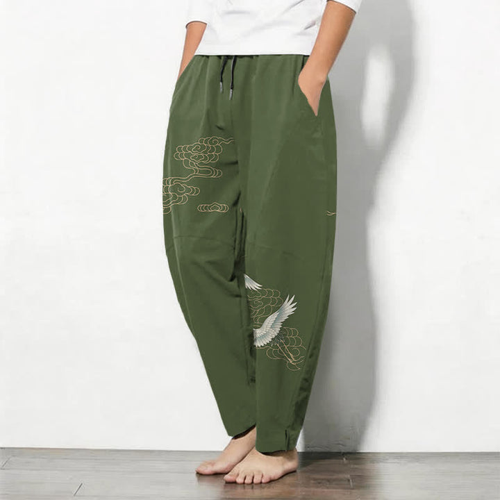 Buddha Stones Pantaloni da uomo affusolati con coulisse e tasche, in puro cotone, con motivo gru volante e nuvole. - image 8