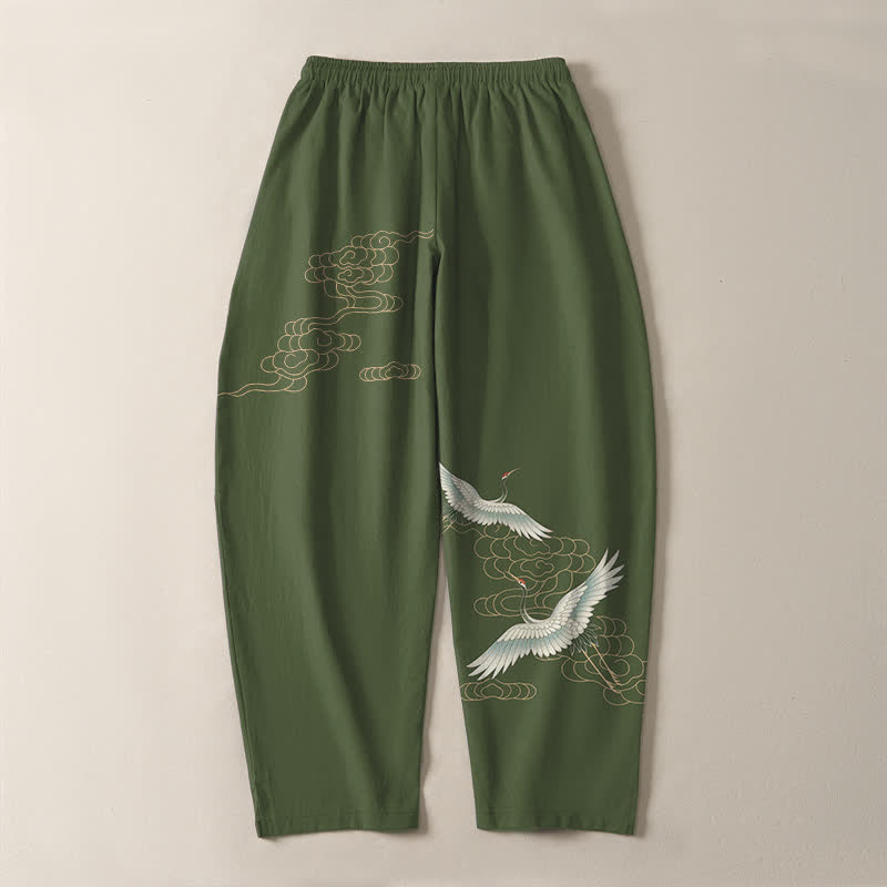 Buddha Stones Pantaloni da uomo affusolati con coulisse e tasche, in puro cotone, con motivo gru volante e nuvole. - image 10