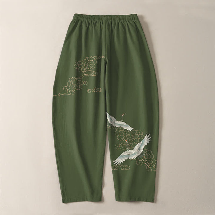 Buddha Stones Pantaloni da uomo affusolati con coulisse e tasche, in puro cotone, con motivo gru volante e nuvole. - image 10