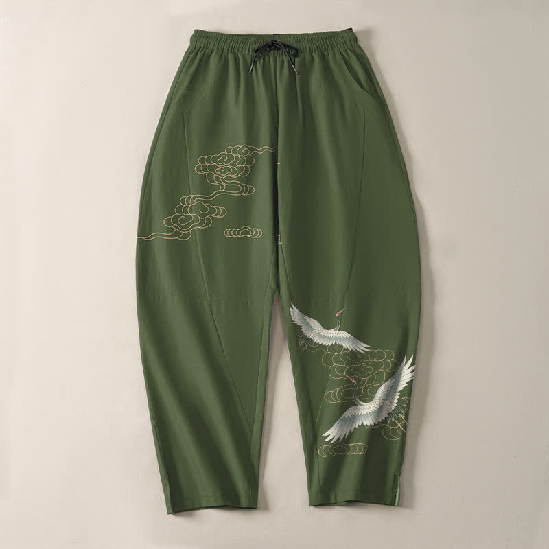 Buddha Stones Pantaloni da uomo affusolati con coulisse e tasche, in puro cotone, con motivo gru volante e nuvole. - image 9
