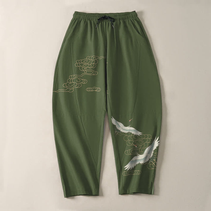 Buddha Stones Pantaloni da uomo affusolati con coulisse e tasche, in puro cotone, con motivo gru volante e nuvole. - image 9