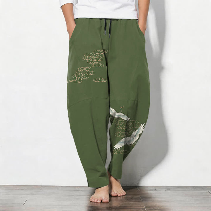 Buddha Stones Pantaloni da uomo affusolati con coulisse e tasche, in puro cotone, con motivo gru volante e nuvole. - Verde oliva - US/UK/AU50, EU60 (5XL) - image 7