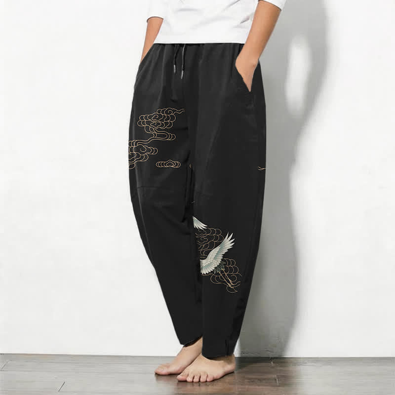Buddha Stones Pantaloni da uomo affusolati con coulisse e tasche, in puro cotone, con motivo gru volante e nuvole. - image 12