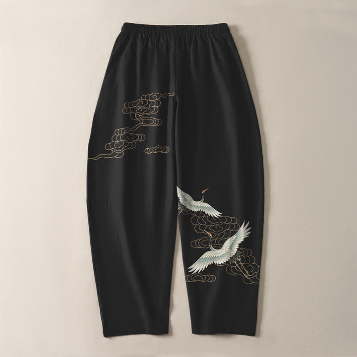 Buddha Stones Pantaloni da uomo affusolati con coulisse e tasche, in puro cotone, con motivo gru volante e nuvole. - image 14