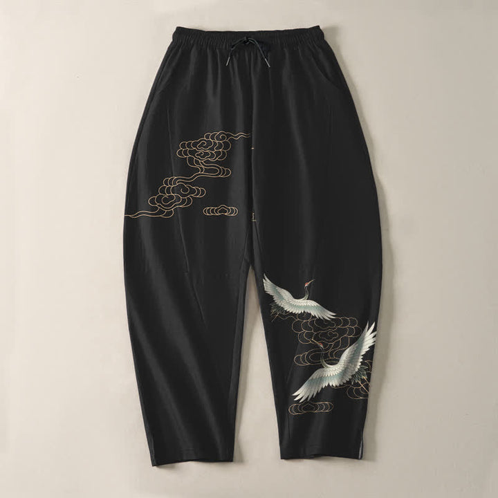 Buddha Stones Pantaloni da uomo affusolati con coulisse e tasche, in puro cotone, con motivo gru volante e nuvole. - image 13