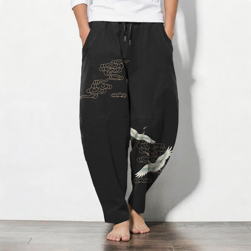 Buddha Stones Pantaloni da uomo affusolati con coulisse e tasche, in puro cotone, con motivo gru volante e nuvole. - Nero - US/UK/AU50, EU60 (5XL) - image 11