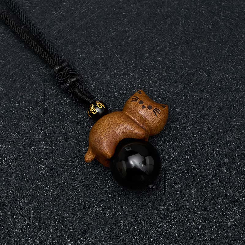 Buddha Stones Collana con perline di sandalo, gatto, ossidiana nera, Om Mani Padme Hum, perline di protezione. - image 3