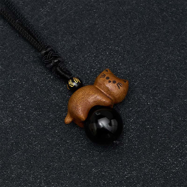 Buddha Stones Collana con perline di sandalo, gatto, ossidiana nera, Om Mani Padme Hum, perline di protezione. - image 3