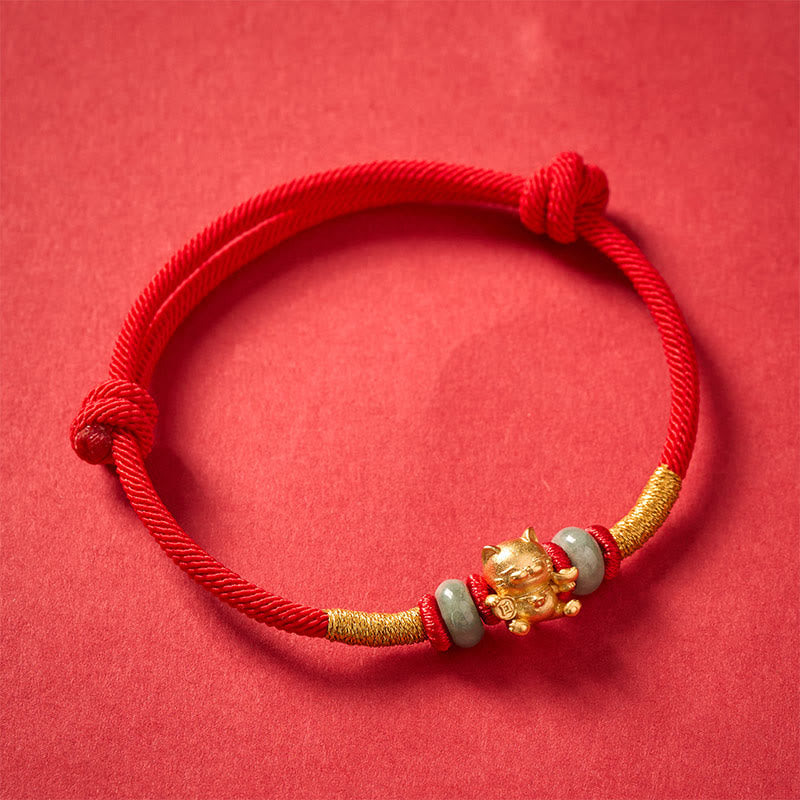 Braccialetto con perline di giada a forma di gatto portafortuna, intrecciato a mano con filo rosso e Buddha Stones. - image 4