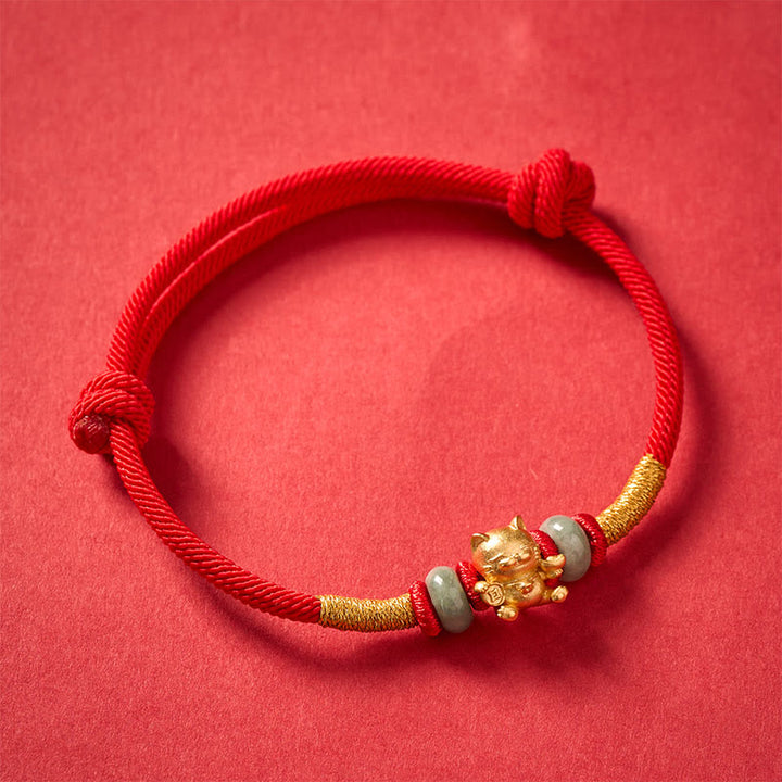 Braccialetto con perline di giada a forma di gatto portafortuna, intrecciato a mano con filo rosso e Buddha Stones. - image 4