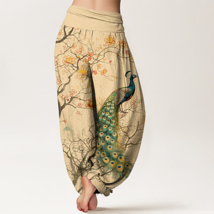 Buddha Stones Pantaloni harem da donna in cotone con motivo floreale a pavone e vita elasticizzata. - image 2